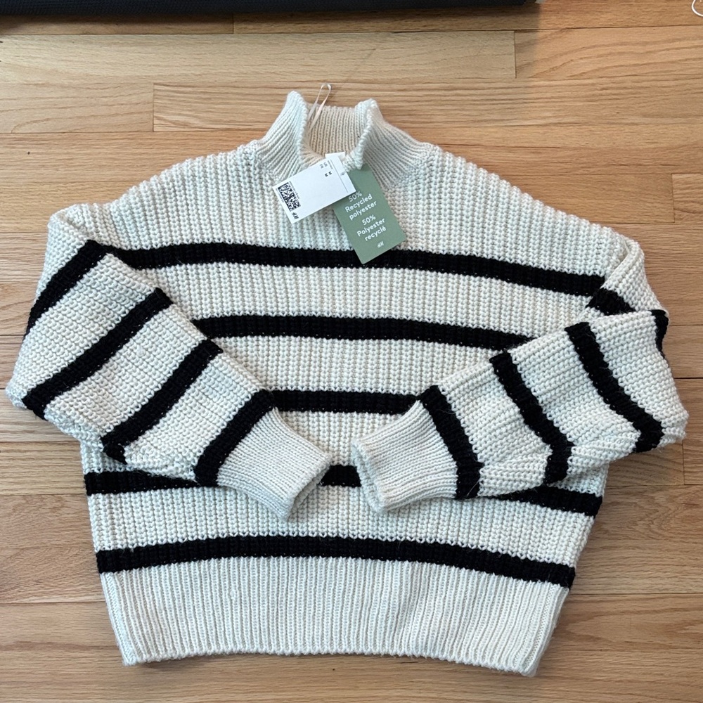 H&M Black and Cream Striped Turtleneck Sweater
